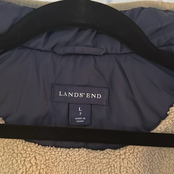 Lands End Kids Youth Puffer Fleece Lined Vest Size 7 navy/tan outdoor w/pockets - Picture 4 of 11